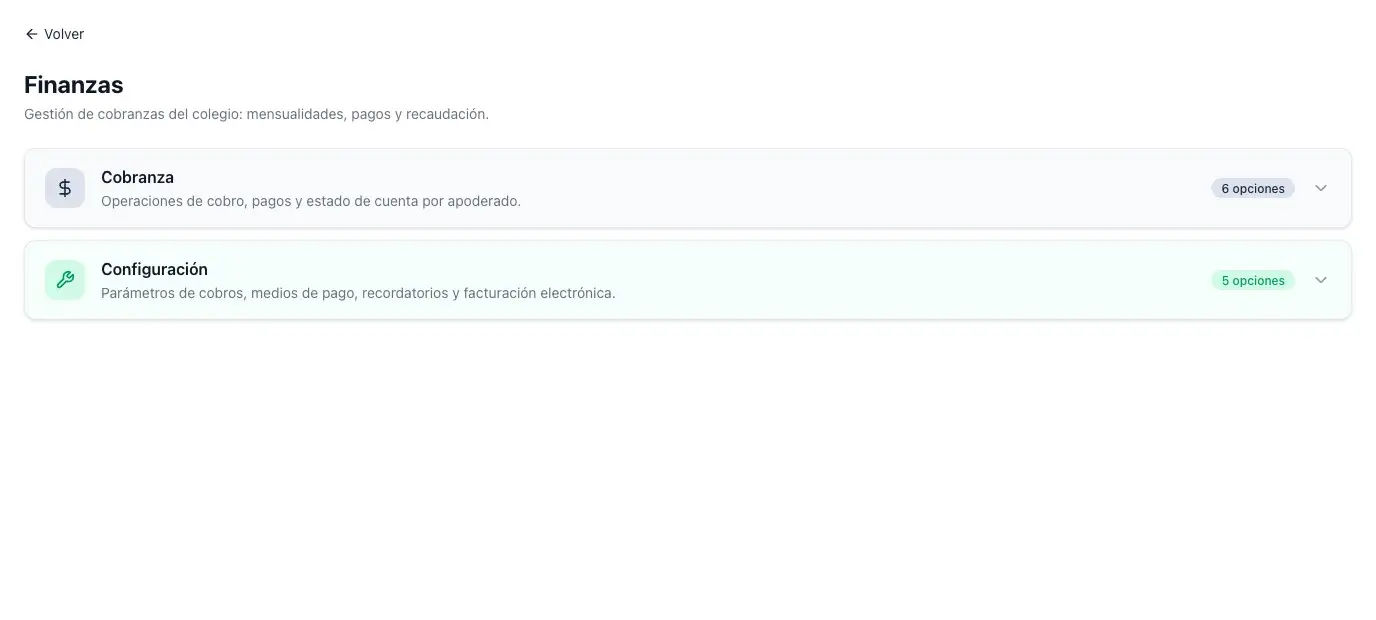 Módulo de Finanzas de Likantu: mensualidades, pagos y recaudación.