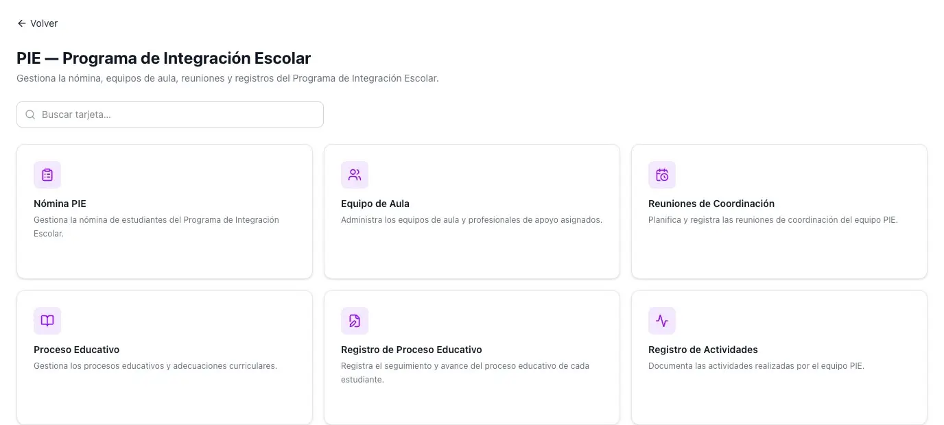 Módulo PIE de Likantu: nómina del Programa de Integración Escolar y equipos de aula.
