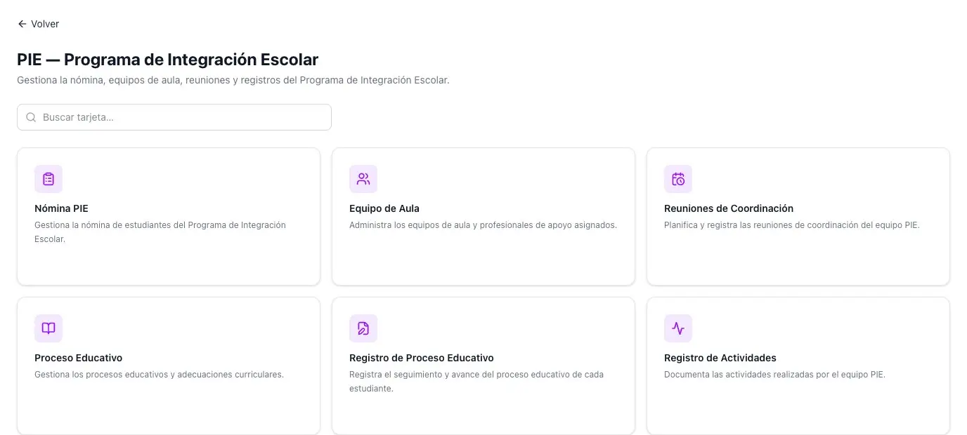 Módulo PIE de Likantu: nómina del Programa de Integración Escolar y equipos de aula.