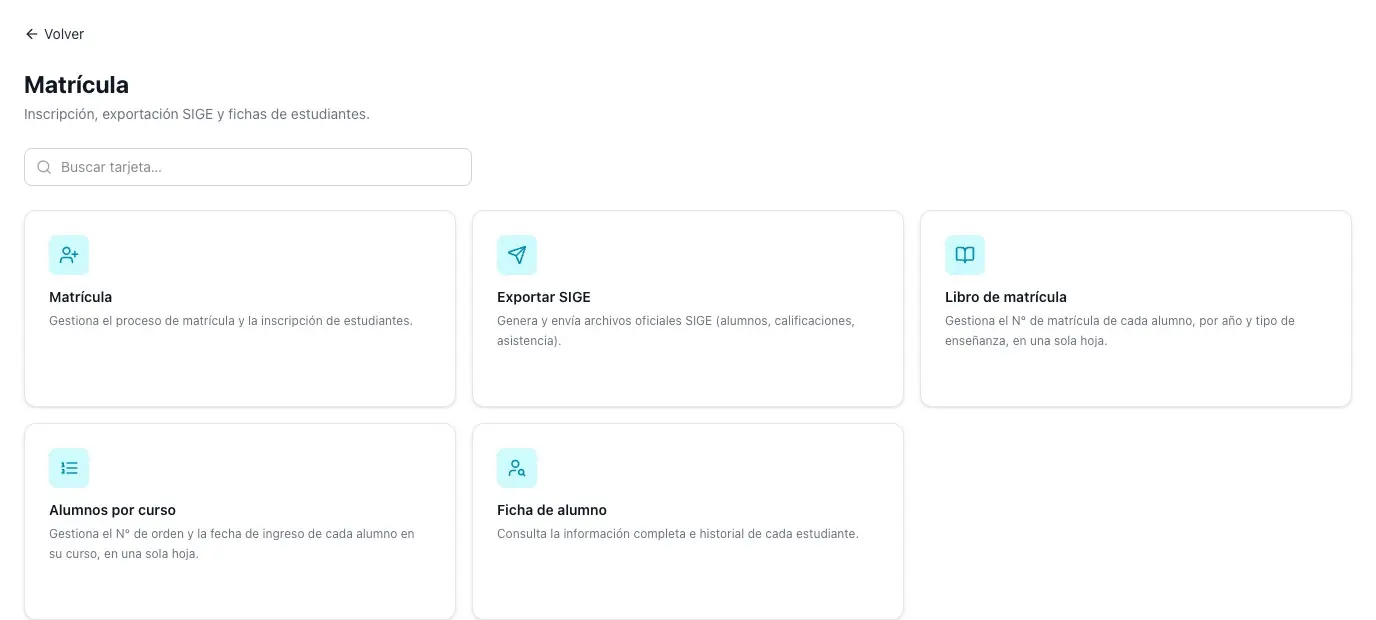 Módulo de Matrícula de Likantu, con inscripción y exportación a SIGE.