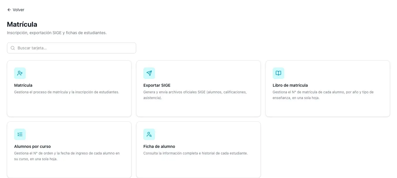 Módulo de Matrícula de Likantu, con inscripción y exportación a SIGE.
